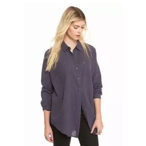 Free People Puckered Check Lover Her Madly Top Blue Oversized Sz M